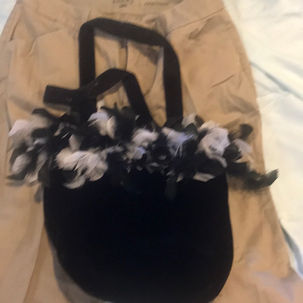 Purse Bag Feathers Velvet Black with Handles